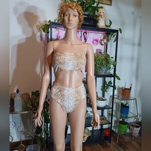 Elegant Beige Snake Print Bandeau Bikini Set